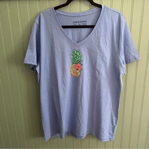 Life Is Good Light Blue V-Neck Tee with Pineapple Patch